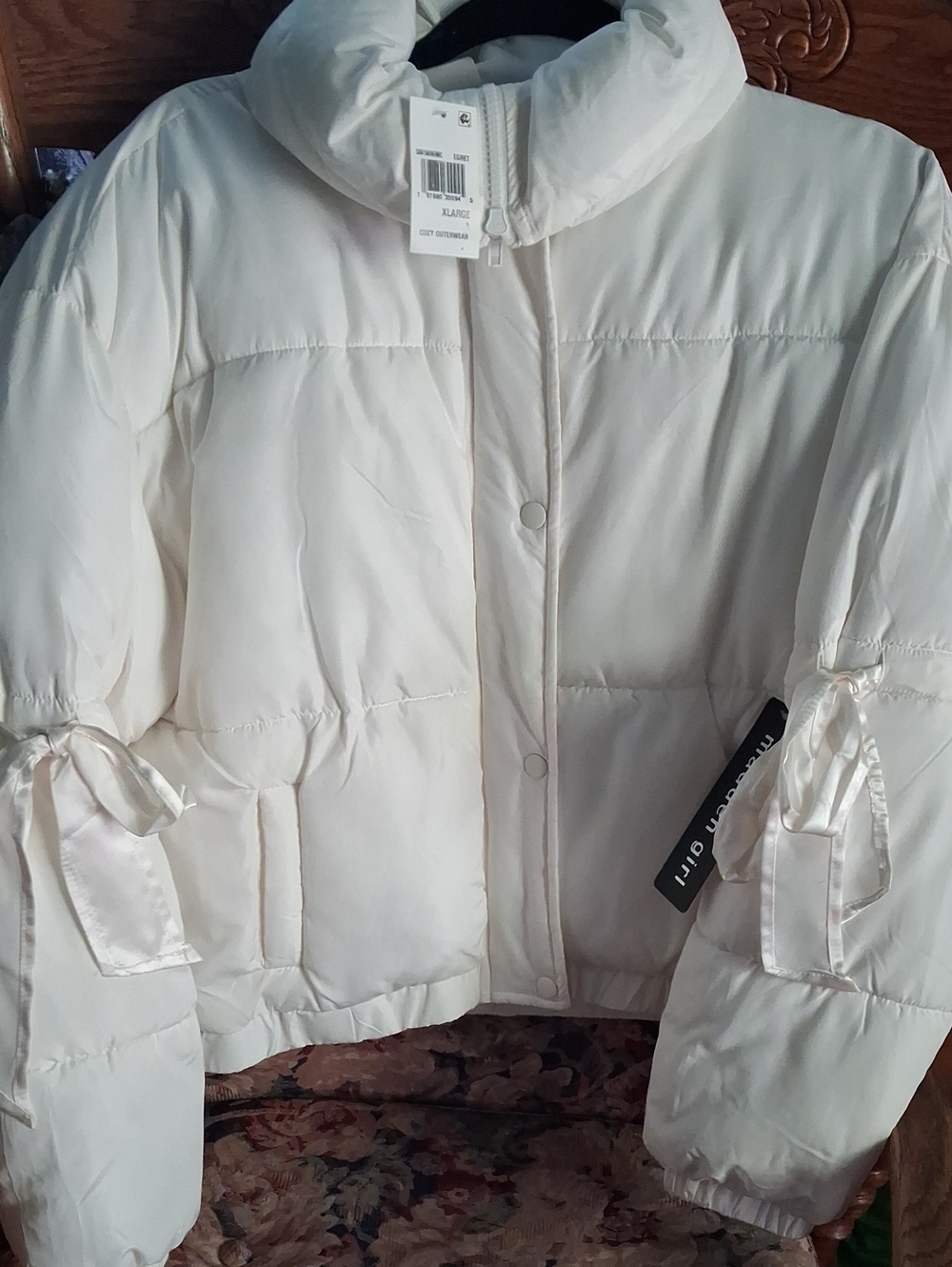 Madden Girl Cream Puffer Jacket with Ribbon Tie Sleeves